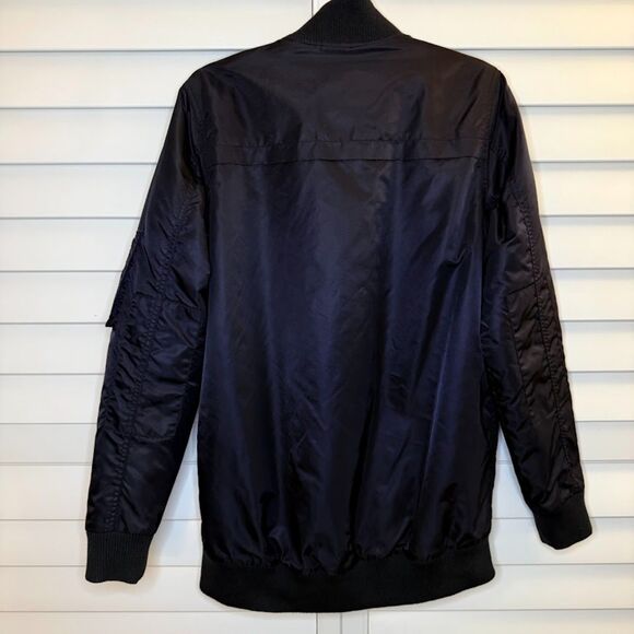 Obey Rose Embroidery Fleece-Lined Longline Black Bomber Jacket size M - Picture 3 of 12